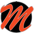 Stylized orange 'M' logo in circular black frame