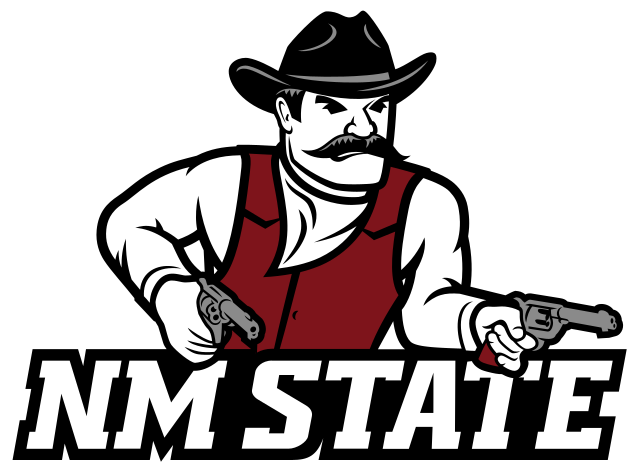 NM State Aggies logo with cowboy mascot holding two pistols