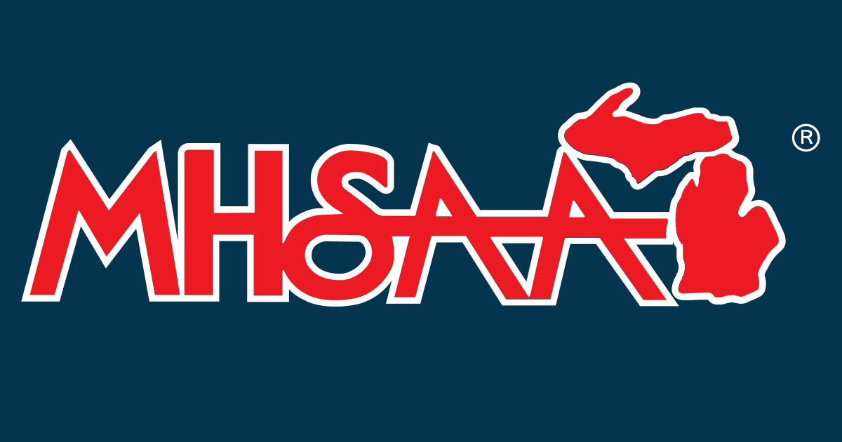 MHSAA logo featuring red letters and Michigan state outline