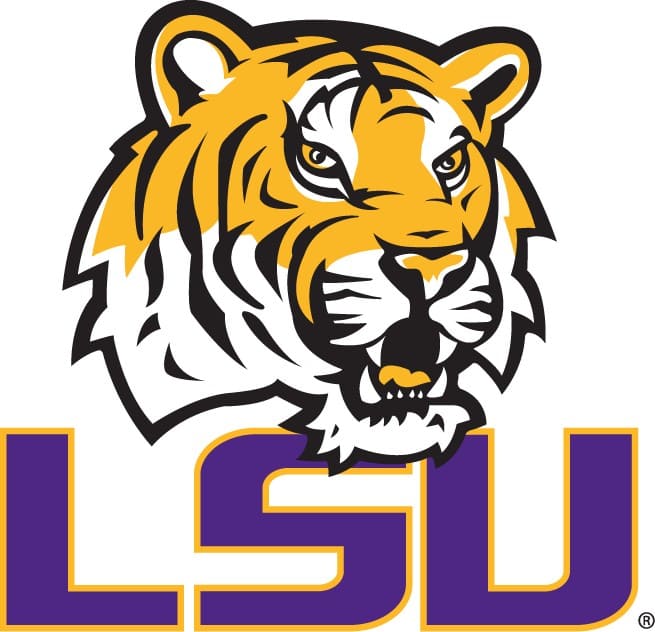 LSU Tigers official athletic logo with yellow tiger head and purple letters