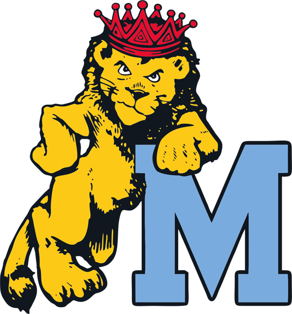Michigan Wolverines athletic logo: Crowned yellow lion mascot next to blue M