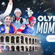 Olympic athletes celebrating with medals against snowy backdrop and historic Colosseum architecture