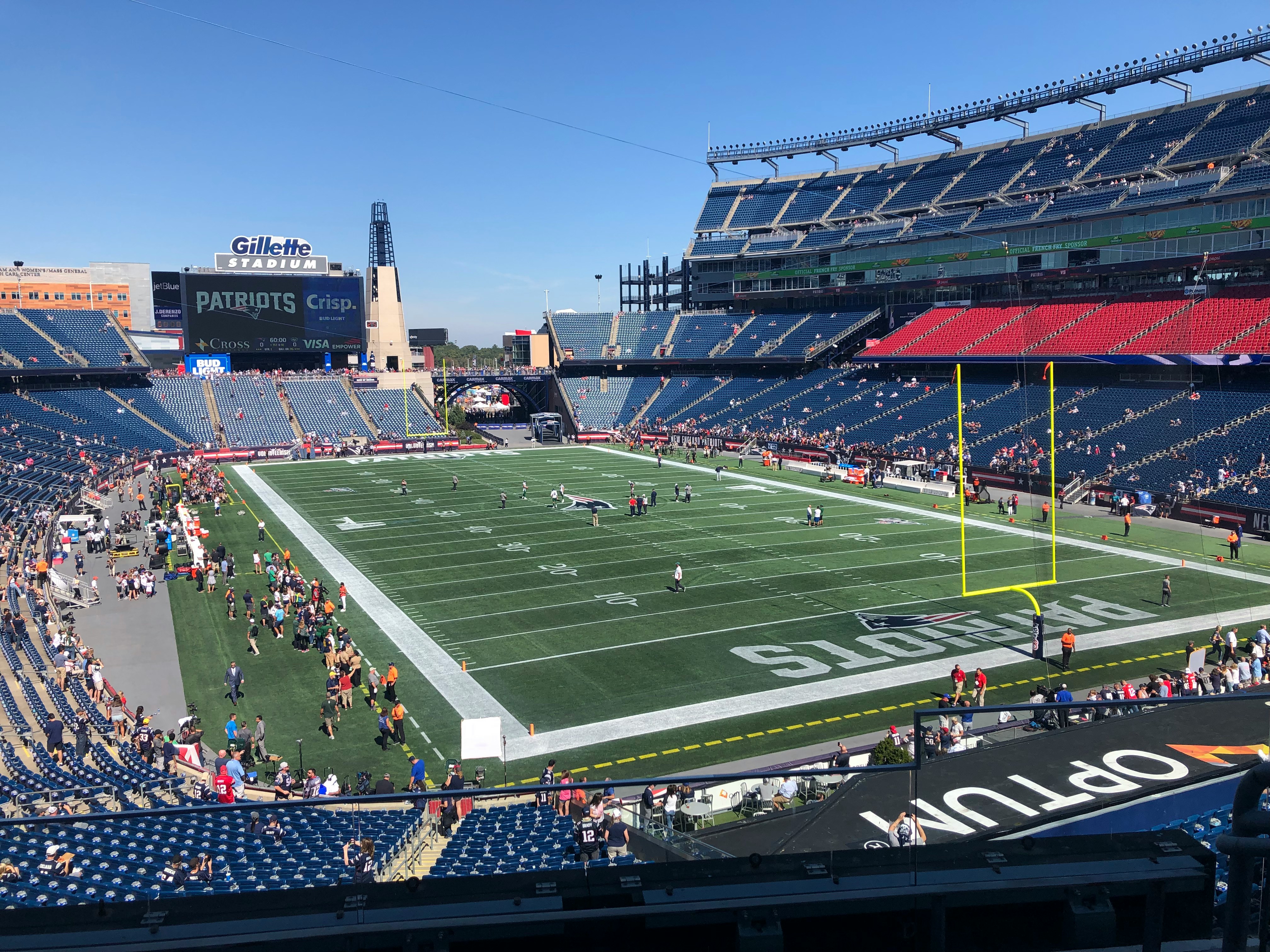 Gillette Stadium filled with fans during a New England Patriots game on a clear day