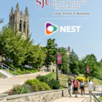 SJU campus walkway with stone buildings, green trees, and students walking