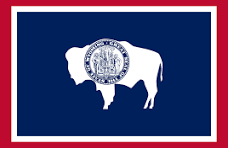 Wyoming state flag featuring white bison silhouette with circular seal on navy blue background, bordered in red and white