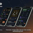 GOATED coaching app interface displayed on three iPhones showing play creation, roster management, and training features