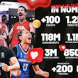 FIBA 3x3 Basketball 2025 season statistics showing 100+ events, 1.2B video views, 118M engagements, and 8.4M broadcast users across multiple platforms