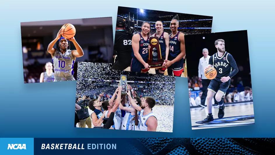 NCAA basketball edition collage featuring players shooting, celebrating championship victory with confetti, and game action moments.