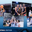 NCAA basketball edition collage featuring players shooting, celebrating championship victory with confetti, and game action moments.