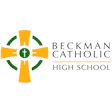 Beckman Catholic High School logo featuring a gold cross with green circular elements and white text
