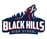Black Hills High School logo featuring a red cougar leaping over navy mountains with white and gray text