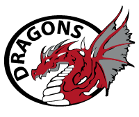 Dragons red and white logo with circular badge design and dragon mascot emblem