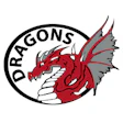Dragons red and white logo with circular badge design and dragon mascot emblem