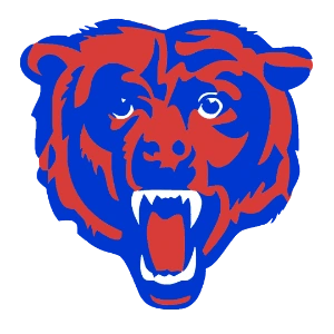 Chicago Bears logo featuring a fierce blue and red bear head with open mouth and prominent teeth