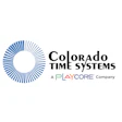 Colorado TIME Systems logo featuring blue sunburst circle and black text with PLAYCORE company designation