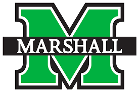 Marshall University green M logo with white outline and black banner containing white text