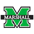 Marshall University green M logo with white outline and black banner containing white text