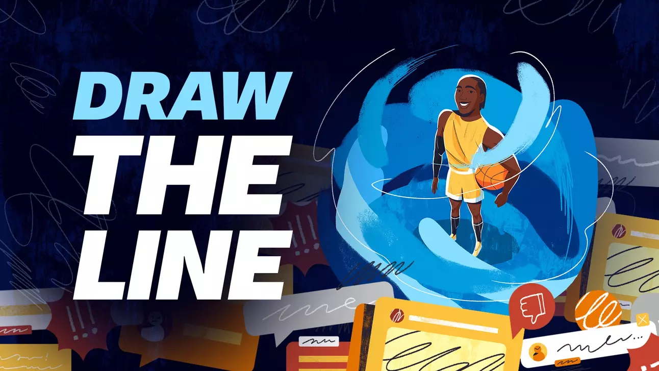 Young basketball player in yellow jersey holding a ball with blue swirling motion effect and 'Draw the Line' text on dark background