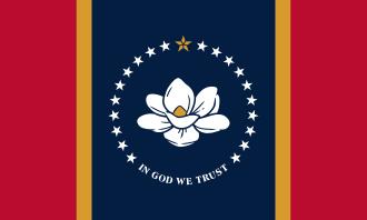Mississippi state seal featuring white magnolia flower with gold star on navy blue circle surrounded by stars, with 'IN GOD WE TRUST' text