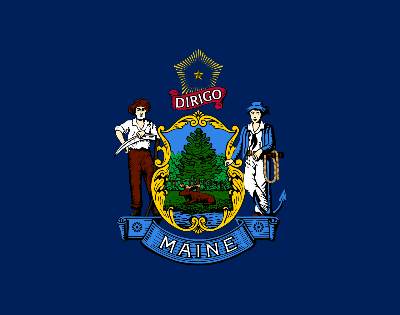 Maine state seal featuring a farmer and sailor flanking a pine tree, with 'DIRIGO' and 'MAINE' text on navy background