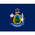 Maine state seal featuring a farmer and sailor flanking a pine tree, with 'DIRIGO' and 'MAINE' text on navy background