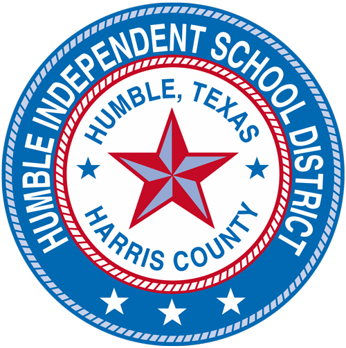 Humble Independent School District logo featuring a red star centered in a circular seal with blue and white rings and text.