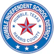Humble Independent School District logo featuring a red star centered in a circular seal with blue and white rings and text.