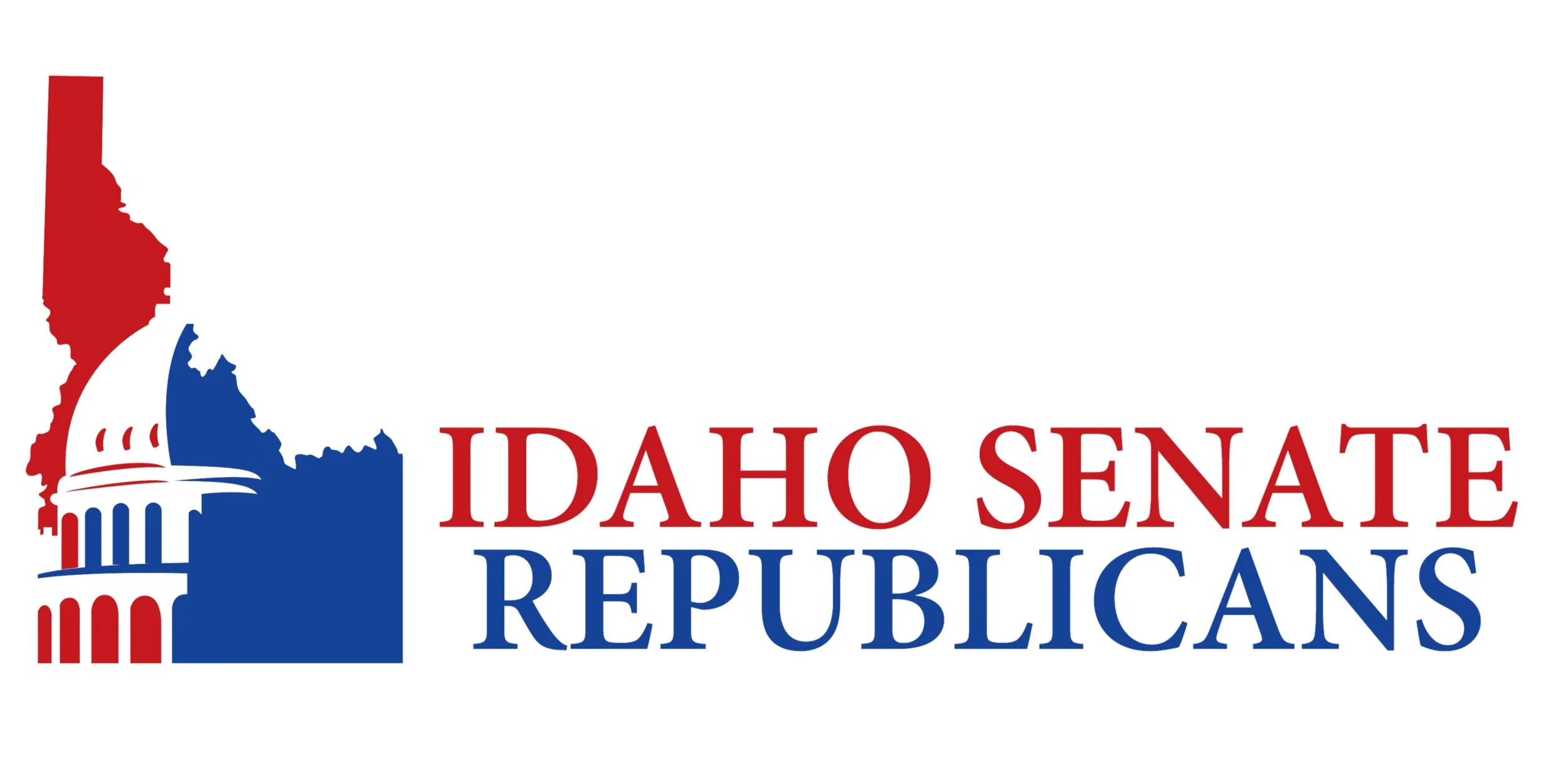Idaho Senate Republicans logo featuring a red map of Idaho and blue Capitol building with organization name in red and blue text