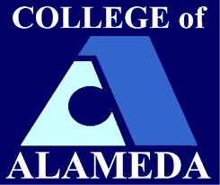 College of Alameda logo featuring geometric blue triangle with white 'A' symbol and white text
