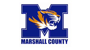 Marshall County tiger mascot logo featuring blue M with gold tiger head and text