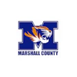 Marshall County tiger mascot logo featuring blue M with gold tiger head and text