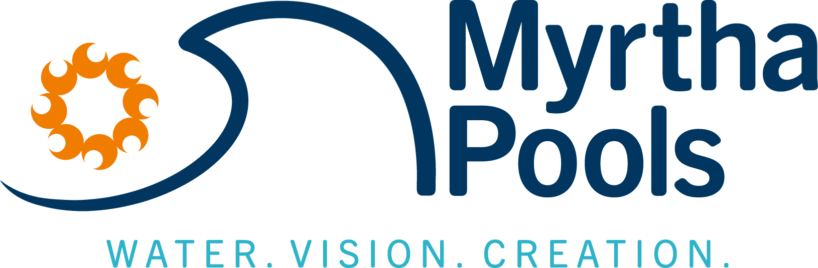 Myrtha Pools logo with blue wave design and orange sun symbol