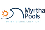 Myrtha Pools logo with blue wave design and orange sun symbol