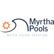 Myrtha Pools logo with blue wave design and orange sun symbol