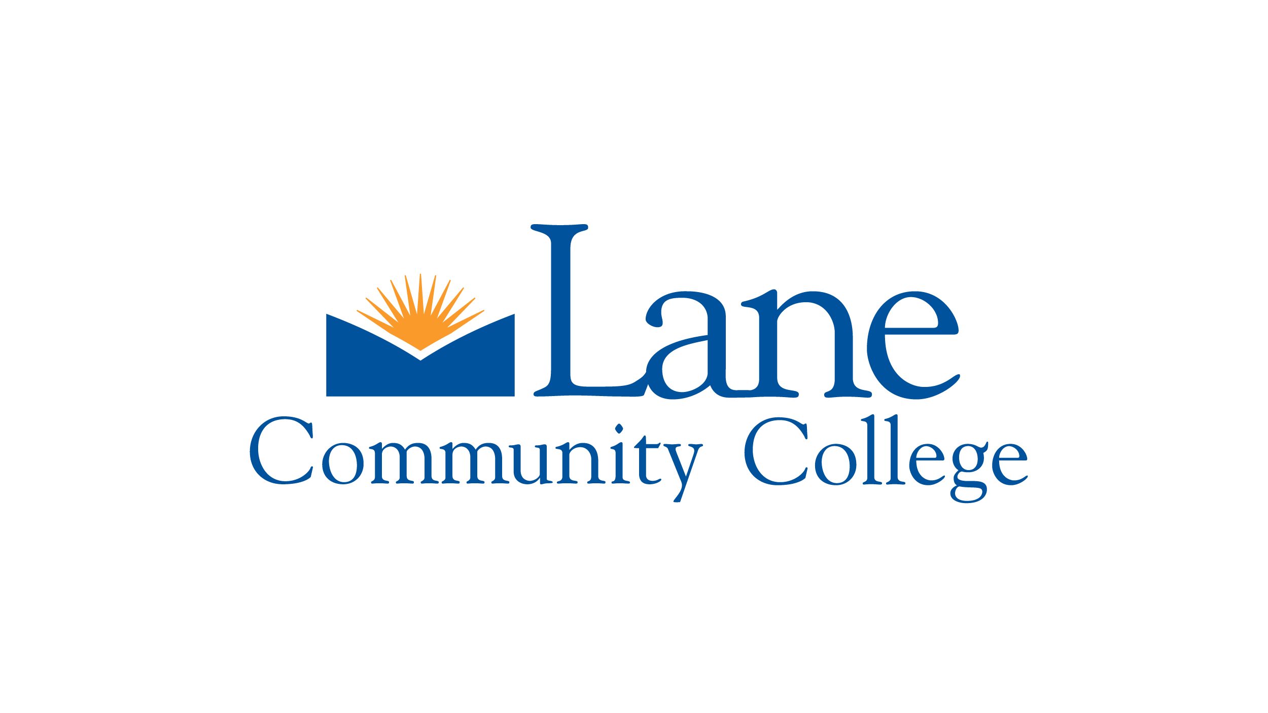 Lane Community College logo featuring blue text with an open book and sunrise symbol