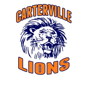 Carterville Lions logo featuring a stylized lion head in navy blue with orange text
