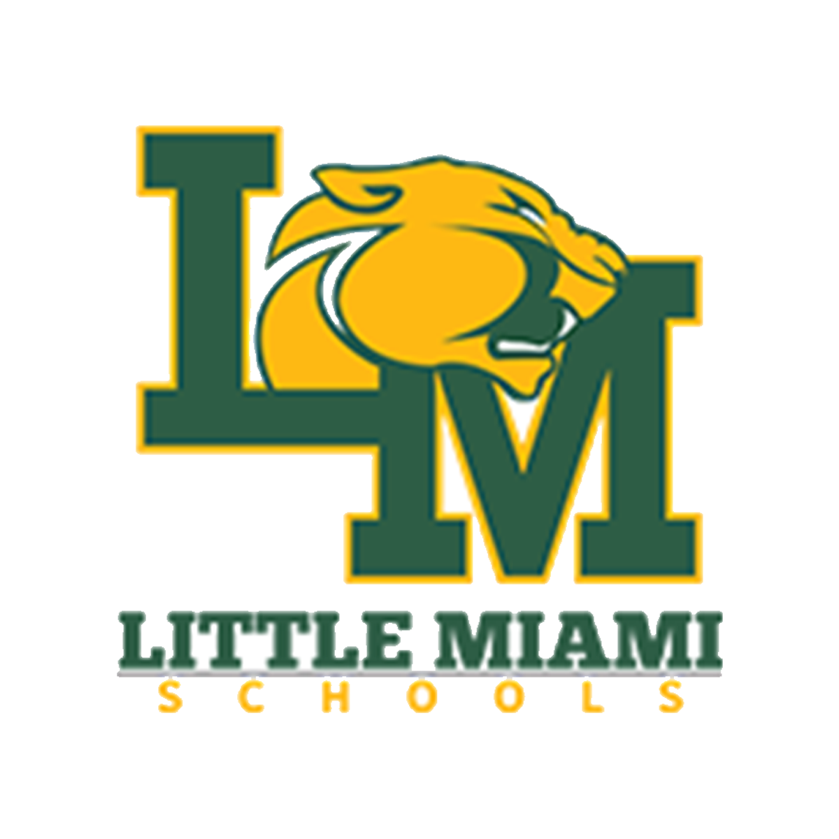 Little Miami Schools logo featuring a gold lion mascot head with forest green LM letters
