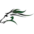 Stylized antelope head logo in dark green and black with flowing curved lines