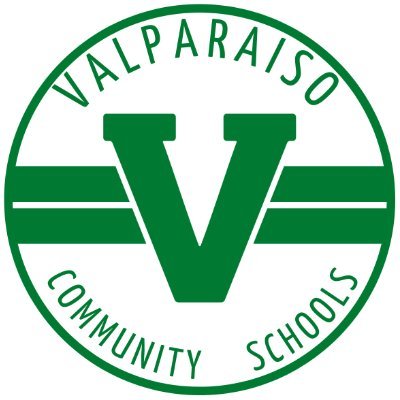 Valparaiso Community Schools logo featuring a green circular emblem with a large V symbol and horizontal stripes