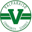 Valparaiso Community Schools logo featuring a green circular emblem with a large V symbol and horizontal stripes