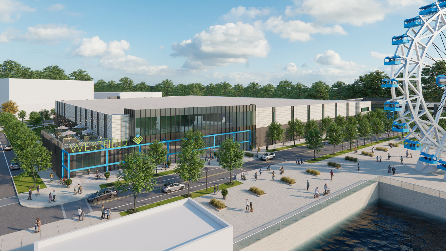 Waterfront architectural rendering of modern building complex with blue signage, landscaping, plaza, and Ferris wheel under blue sky