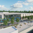 Waterfront architectural rendering of modern building complex with blue signage, landscaping, plaza, and Ferris wheel under blue sky