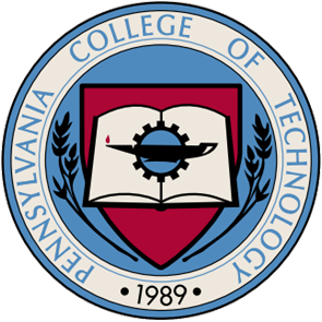 Pennsylvania College of Technology seal logo featuring an open book with gear symbol, established 1989