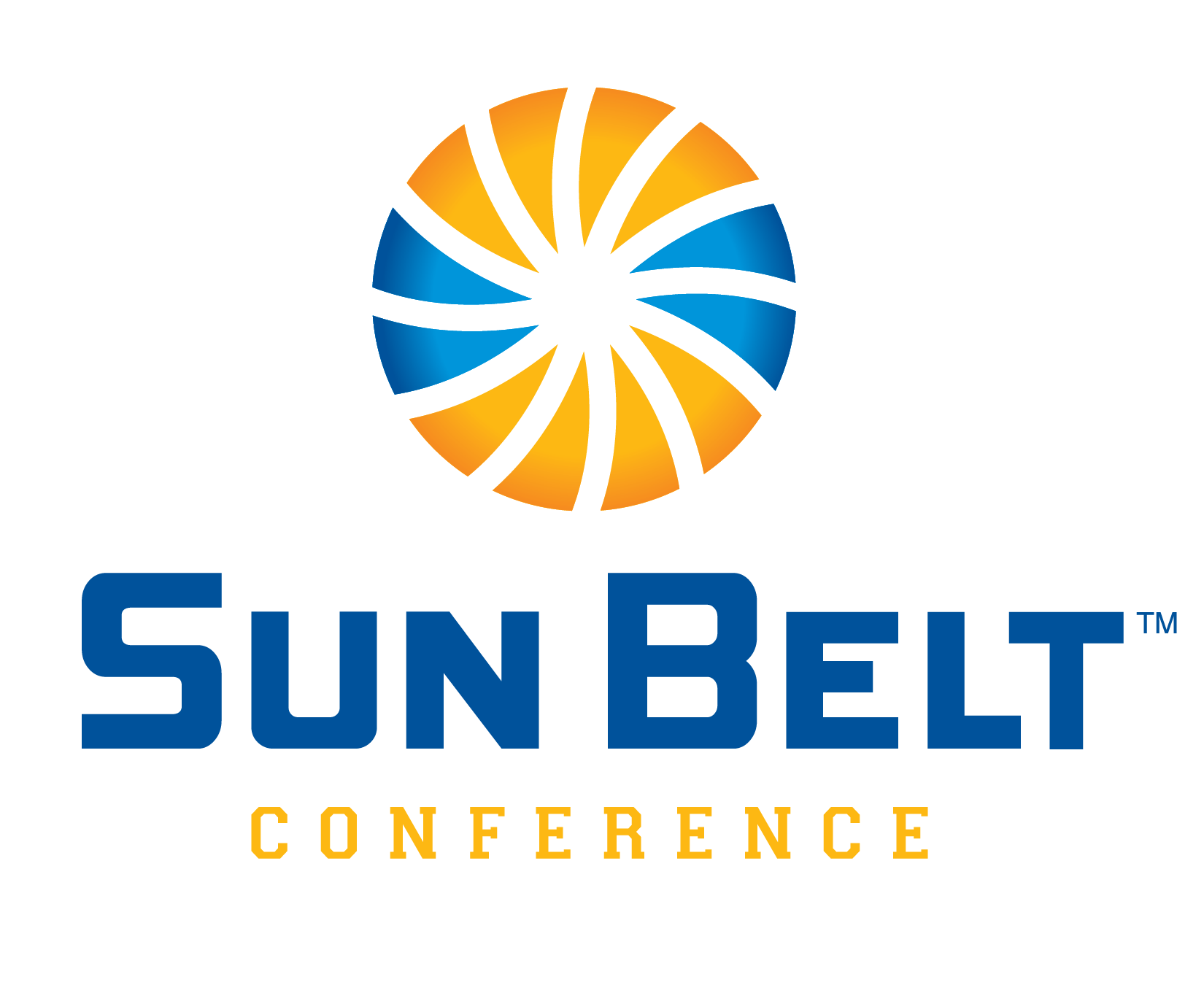 Sun Belt Conference logo featuring a blue and gold sunburst symbol with conference name in bold text