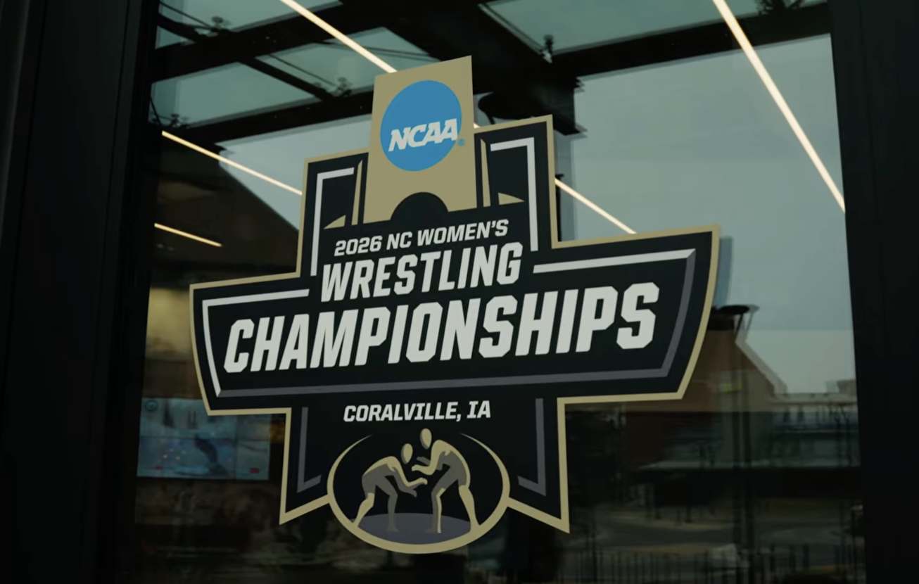 2026 NCAA Women's Wrestling Championships sign in Coralville, Iowa