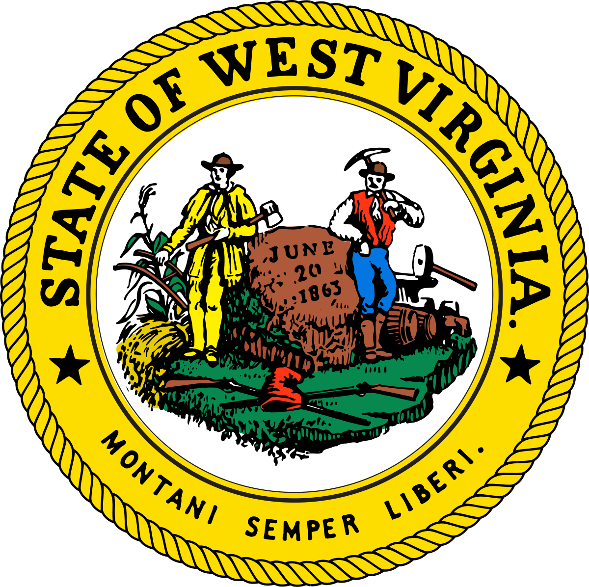 West Virginia state seal featuring two mountaineers and industrial imagery with the motto Montani Semper Liberi