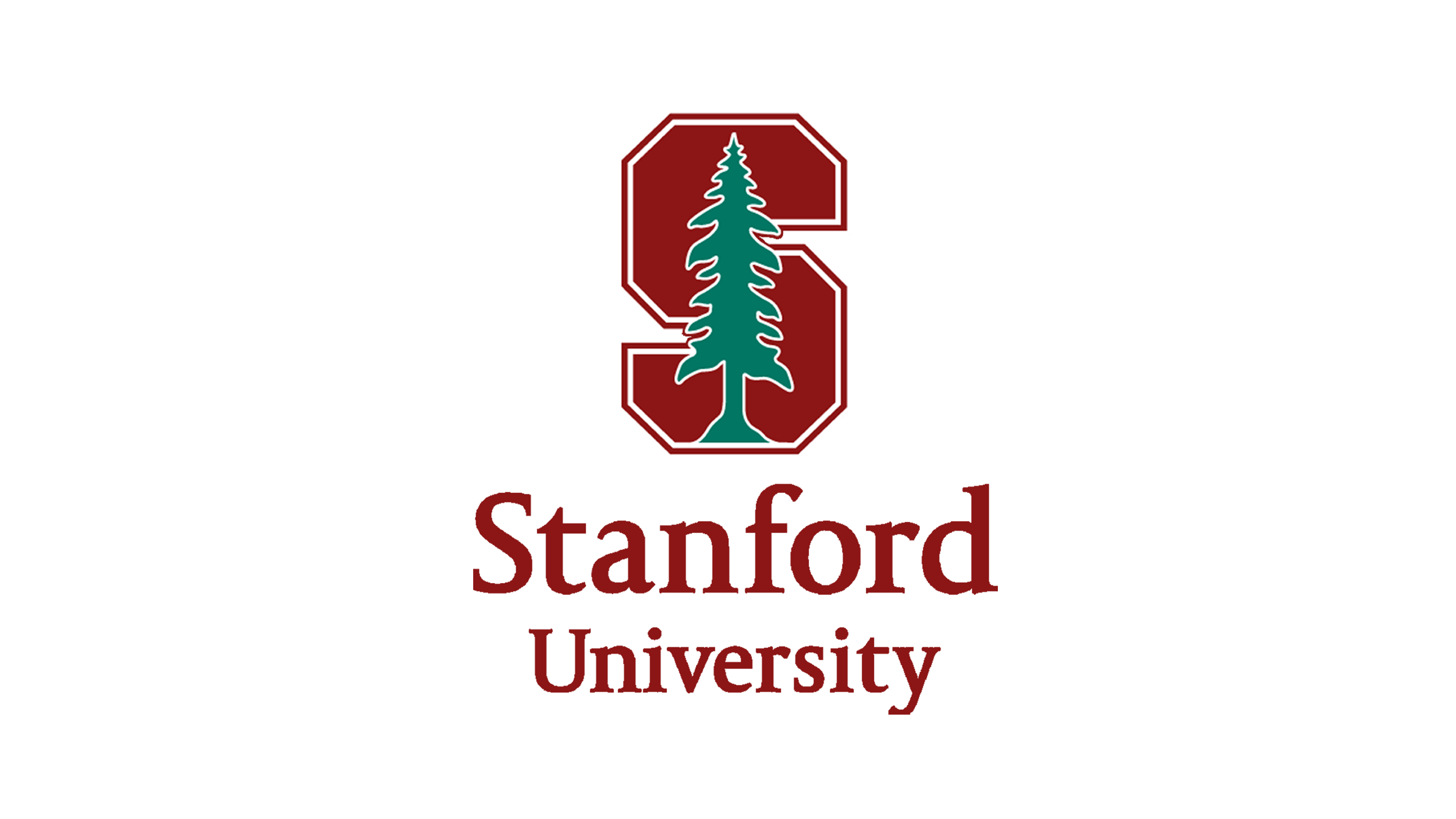 Stanford University logo featuring a cardinal red 'S' with an embedded green evergreen tree and university name