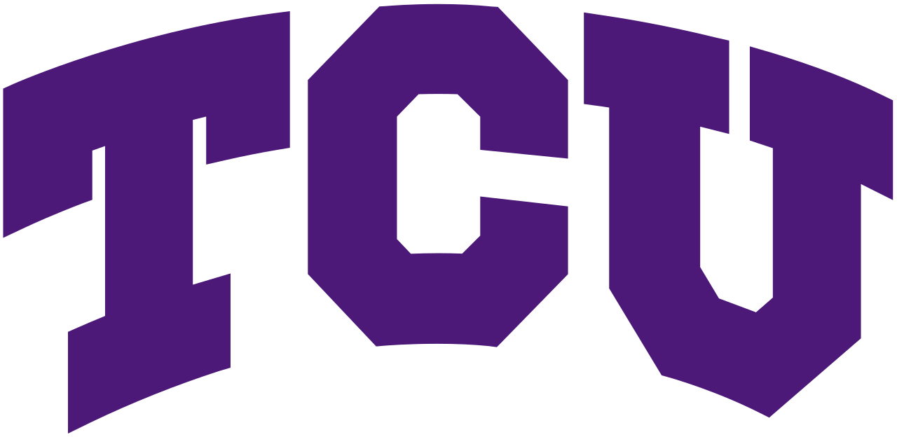 TCU purple and white geometric logo with bold angular letterforms