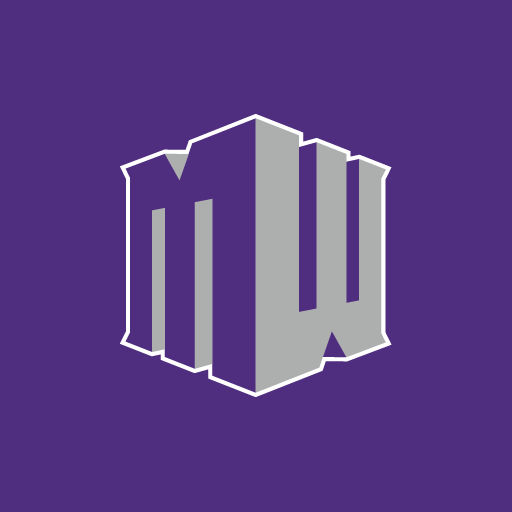 Purple and gray geometric logo featuring an isometric 3D architectural structure with white outline