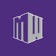 Purple and gray geometric logo featuring an isometric 3D architectural structure with white outline